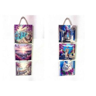 Bodrum Temalı 3'lü Dekoratif Ahşap Tablo Seti Halat Askılı Duvar Dekoru